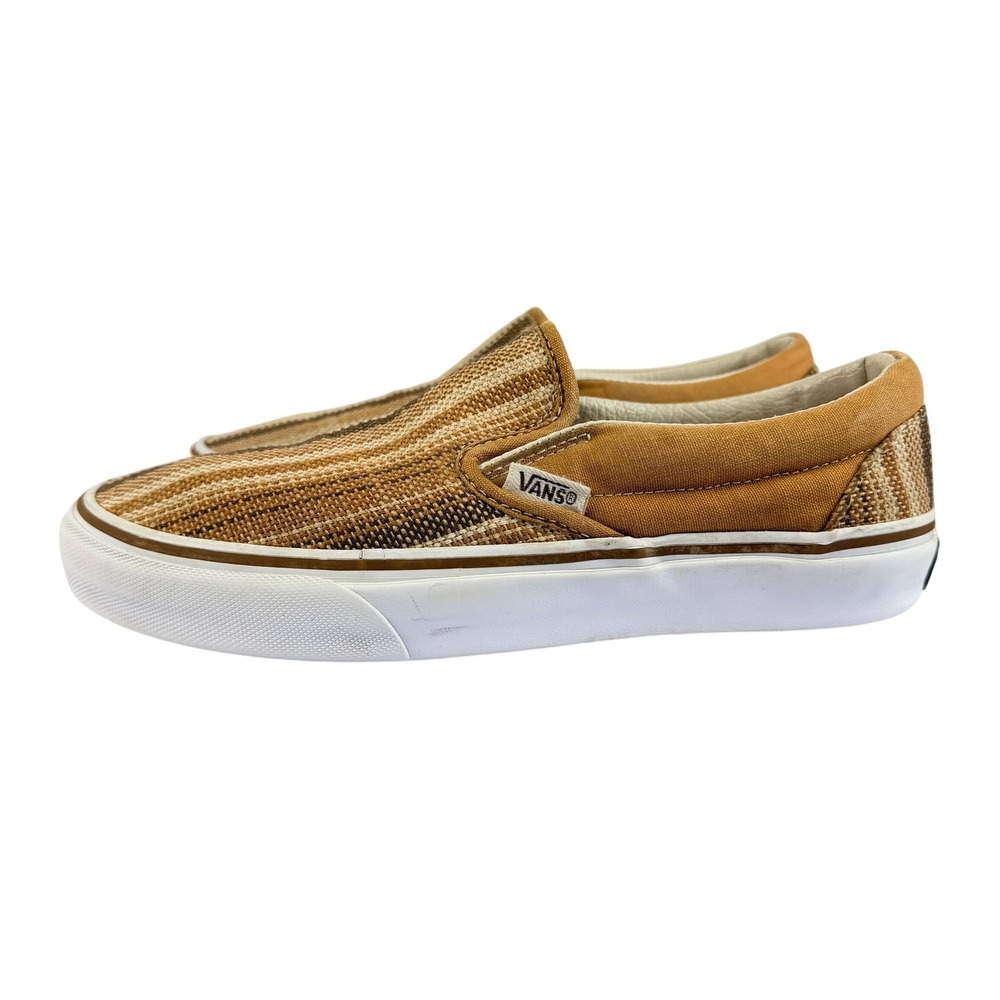 Vans Classic Slip-On Brown Tan Striped Woven Textile Skate Shoes Size 7.5 Womens